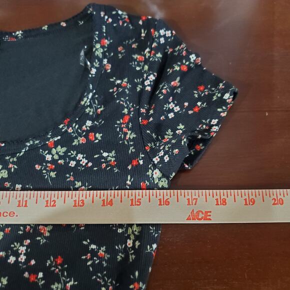 Vtg Justify Y2K Ditsy Dark Floral Ribbed Square Neck Bow Dress L Whimsigoth 90s - Picture 11 of 14